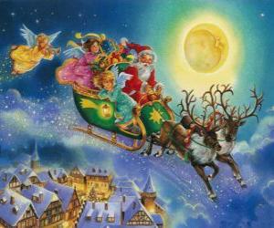 yapboz Noel Baba Noel arifesi sırasında evlerin üzerinde uçan atlı kızak